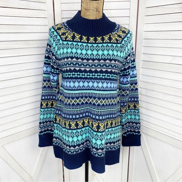 New York & Company Sweater Fair Isle Pull Over Blue Multi Medium Mock Neck - Picture 1 of 12